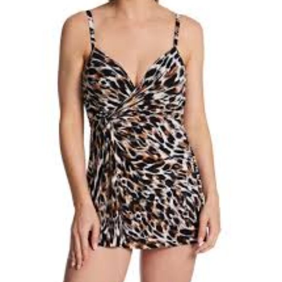 Miraclesuit Adora tank swimdress leopard print underwire twist brown new 14 - Picture 1 of 6